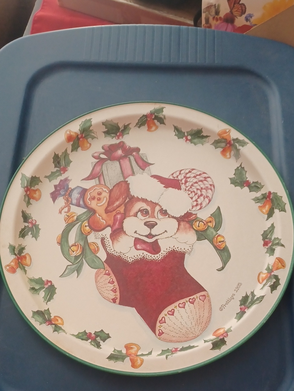 Holiday Dog Stocking  Serving Plate Metal Prettique 1993 Scooters 1st Christmas
